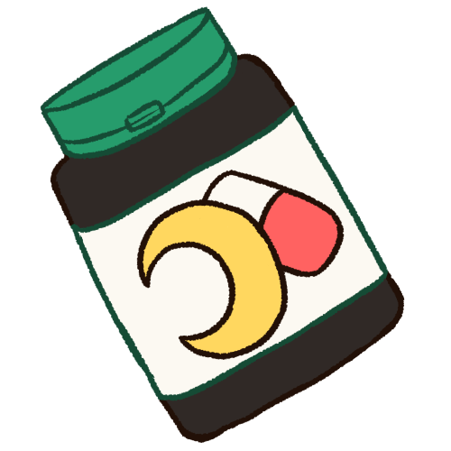 A drawing of a black container with a green lid. It has a large white label which contains a pink and white pill next to a yellow crescent moon.